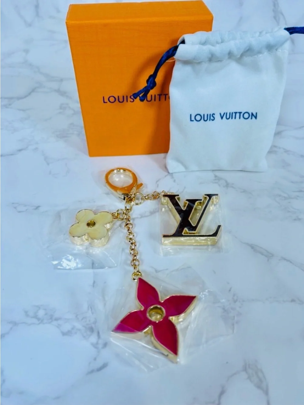 BAG CHARM/KEYCHAIN: Golden w/Brown Monogram, Pink/Cream Charms, Box & Dust Bag